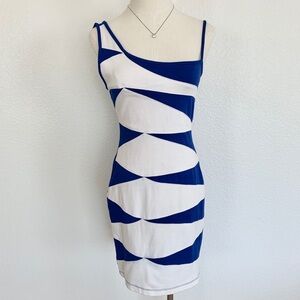 Arden B Blue White Colorblock Asymmetrical Knit Bodycon Dress Y2K